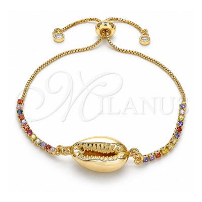 Oro Laminado Adjustable Bolo Bracelet, Gold Filled Style Shell Design, with Multicolor Cubic Zirconia, Polished, Golden Finish, 03.63.2086.11 (01 MM Thickness, 11 Inches Length)