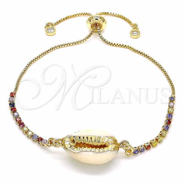 Gold Filled Bracelet — Adjustable Bolo Bracelet Shell Design with Multicolor Cubic — main product view — SKU 128913 | Oro Laminado brazalete — Adjustable Bolo Bracelet Shell diseño with Multicolor Cubic — SKU 128913