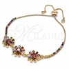 Oro Laminado Adjustable Bolo Bracelet, Gold Filled Style Flower and Baguette Design, with Multicolor Cubic Zirconia, Polished, Golden Finish, 03.316.0056.12 (01 MM Thickness, 12 Inches Length)