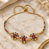 Oro Laminado Adjustable Bolo Bracelet, Gold Filled Style Flower and Baguette Design, with Multicolor Cubic Zirconia, Polished, Golden Finish, 03.316.0056.12 (01 MM Thickness, 12 Inches Length)