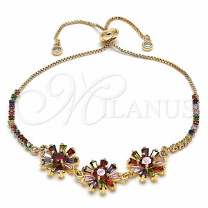 Gold Filled Bracelet — Adjustable Bolo Bracelet Flower and Baguette Design with — main product view — SKU 128915 | Oro Laminado brazalete — Adjustable Bolo Bracelet flor and Baguette diseño with — SKU 128915