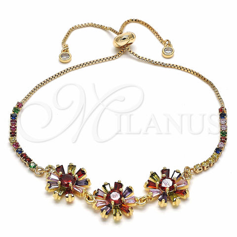 Oro Laminado Adjustable Bolo Bracelet, Gold Filled Style Flower and Baguette Design, with Multicolor Cubic Zirconia, Polished, Golden Finish, 03.316.0056.12 (01 MM Thickness, 12 Inches Length)