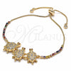 Oro Laminado Adjustable Bolo Bracelet, Gold Filled Style Turtle Design, with White and Multicolor Cubic Zirconia, Polished, Golden Finish, 03.316.0057.11 (01 MM Thickness, 11 Inches Length)