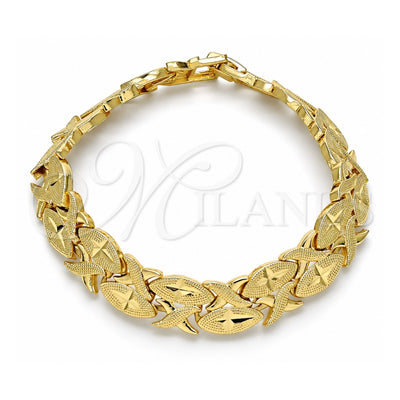 Oro Laminado Solid Bracelet, Gold Filled Style Hugs and Kisses Design, Matte Finish, Golden Finish, 03.233.0008.07 (12 MM Thickness, 7 Inches Length)