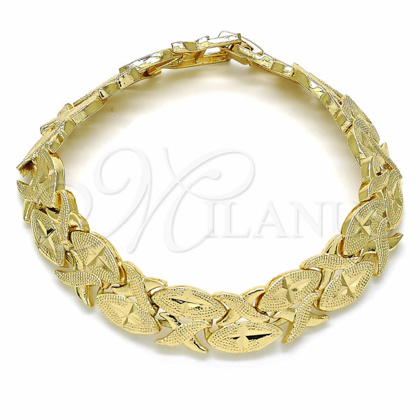 Oro Laminado Solid Bracelet, Gold Filled Style Hugs and Kisses Design, Matte Finish, Golden Finish, 03.233.0008.07 (12 MM Thickness, 7 Inches Length)