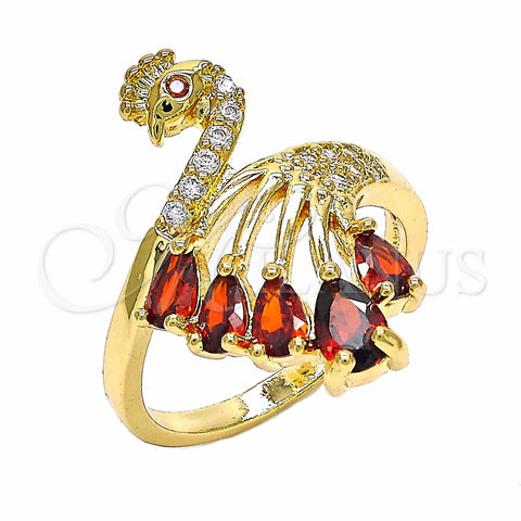 Oro Laminado Multi Stone Ring, Gold Filled Style Peacock Design, with Garnet and White Cubic Zirconia, Polished, Golden Finish, 01.365.0004.07 (Size 7)