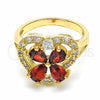 Oro Laminado Multi Stone Ring, Gold Filled Style Heart and Flower Design, with Garnet and White Cubic Zirconia, Polished, Golden Finish, 01.365.0005.07 (Size 7)