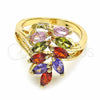Oro Laminado Multi Stone Ring, Gold Filled Style Leaf Design, with Multicolor Cubic Zirconia, Polished, Golden Finish, 01.365.0009.07 (Size 7)