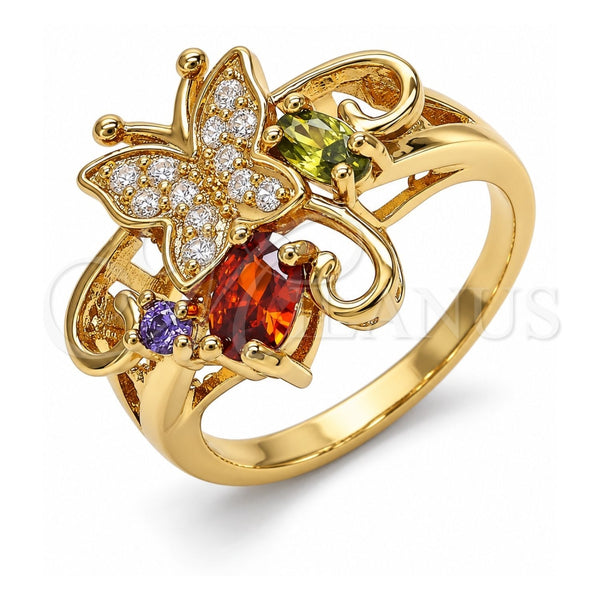 Oro Laminado Multi Stone Ring, Gold Filled Style Butterfly Design, with Multicolor Cubic Zirconia, Polished, Golden Finish, 01.365.0010.07 (Size 7)