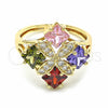 Oro Laminado Multi Stone Ring, Gold Filled Style Flower Design, with Multicolor Cubic Zirconia, Polished, Golden Finish, 01.365.0011.07 (Size 7)