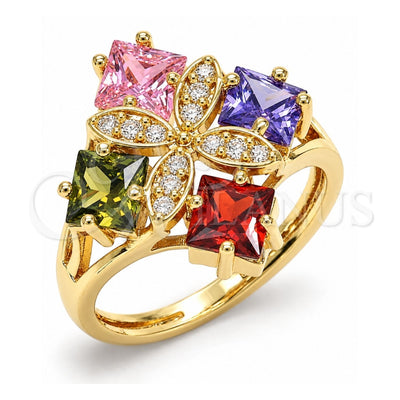 Oro Laminado Multi Stone Ring, Gold Filled Style Flower Design, with Multicolor Cubic Zirconia, Polished, Golden Finish, 01.365.0011.07 (Size 7)