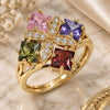 Oro Laminado Multi Stone Ring, Gold Filled Style Flower Design, with Multicolor Cubic Zirconia, Polished, Golden Finish, 01.365.0011.09 (Size 9)