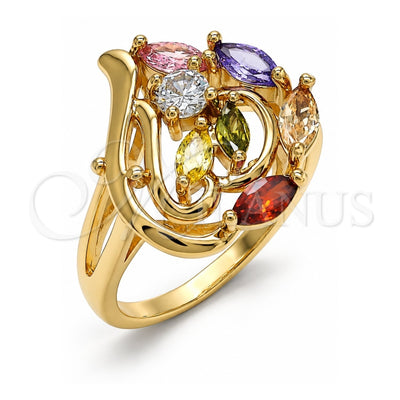 Oro Laminado Multi Stone Ring, Gold Filled Style Heart Design, with Multicolor Cubic Zirconia, Polished, Golden Finish, 01.365.0014.07 (Size 7)