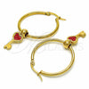 Stainless Steel Medium Hoop, key and Heart Design, Red Enamel Finish, Golden Finish, 02.364.0002.30