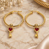 Stainless Steel Medium Hoop, key and Heart Design, Red Enamel Finish, Golden Finish, 02.364.0002.30