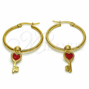 Stainless Steel Hoop Earrings — Medium Hoop key and Heart Design Red Enamel — main product view — SKU 129005 | Acero Inoxidable aretes de aro — Medium Hoop key and corazón diseño Red Enamel — SKU 129005