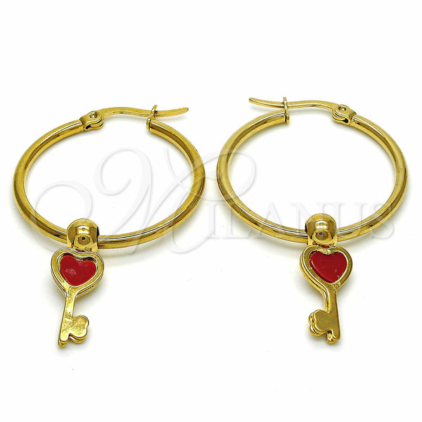 Stainless Steel Hoop Earrings — Medium Hoop key and Heart Design Red Enamel — main product view — SKU 129005 | Acero Inoxidable aretes de aro — Medium Hoop key and corazón diseño Red Enamel — SKU 129005