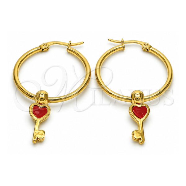 Stainless Steel Medium Hoop, key and Heart Design, Red Enamel Finish, Golden Finish, 02.364.0002.30