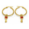 Stainless Steel Medium Hoop, key and Heart Design, Red Enamel Finish, Golden Finish, 02.364.0002.30
