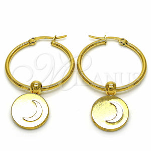 Stainless Steel Hoop Earrings — Medium Hoop Moon Design White Enamel 02. — main product view — SKU 129010 | Acero Inoxidable aretes de aro — Medium Hoop Moon diseño blanco Enamel 02. — SKU 129010