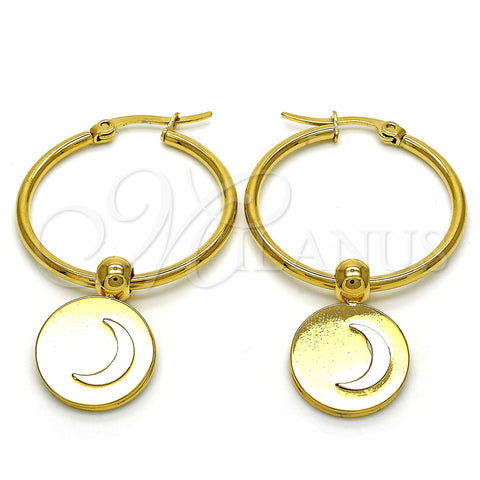 Stainless Steel Medium Hoop, Moon Design, White Enamel Finish, Golden Finish, 02.364.0005.30