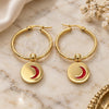 Stainless Steel Medium Hoop, Moon Design, Red Enamel Finish, Golden Finish, 02.364.0005.1.30