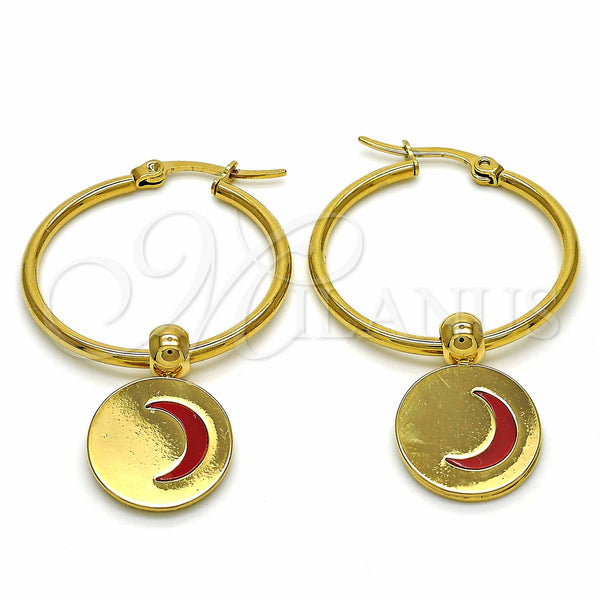 Stainless Steel Medium Hoop, Moon Design, Red Enamel Finish, Golden Finish, 02.364.0005.1.30