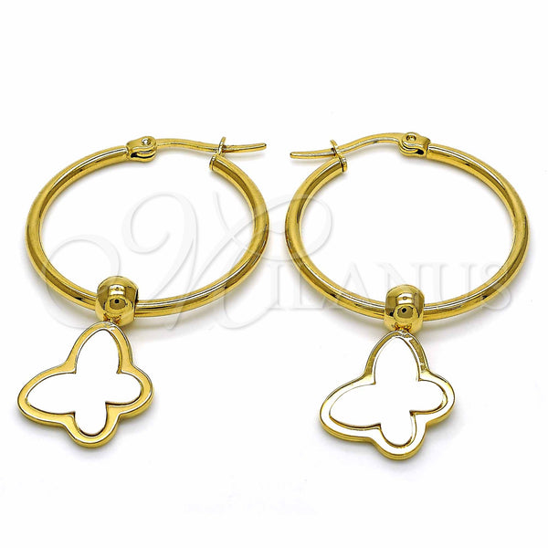 Stainless Steel Hoop Earrings — Medium Hoop Butterfly Design White Enamel 02. — main product view — SKU 129012 | Acero Inoxidable aretes de aro — Medium Hoop Butterfly diseño blanco Enamel 02. — SKU 129012