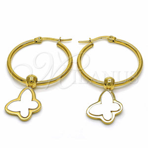Stainless Steel Hoop Earrings — Medium Hoop Butterfly Design White Enamel 02. — main product view — SKU 129012 | Acero Inoxidable aretes de aro — Medium Hoop Butterfly diseño blanco Enamel 02. — SKU 129012
