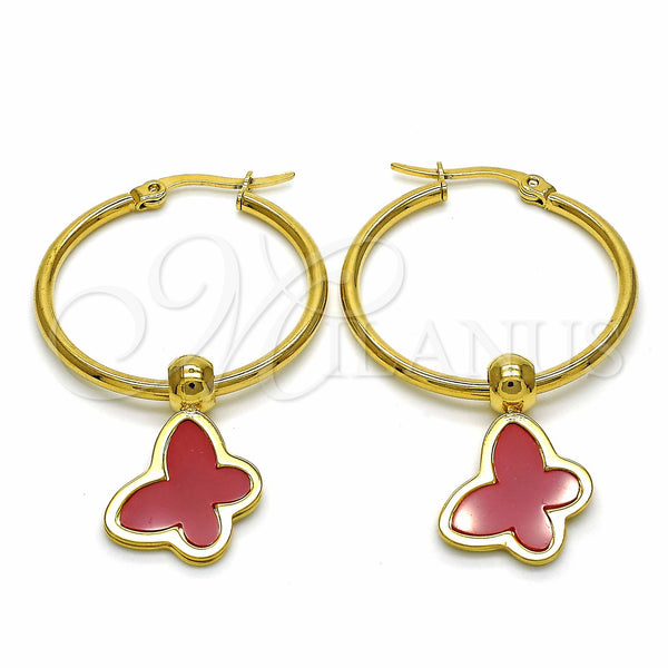 Stainless Steel Hoop Earrings — Medium Hoop Butterfly Design Red Enamel 02. — main product view — SKU 129013 | Acero Inoxidable aretes de aro — Medium Hoop Butterfly diseño Red Enamel 02. — SKU 129013