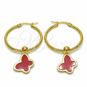 Stainless Steel Hoop Earrings — Medium Hoop Butterfly Design Red Enamel 02. — main product view — SKU 129013 | Acero Inoxidable aretes de aro — Medium Hoop Butterfly diseño Red Enamel 02. — SKU 129013
