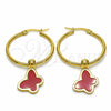 Stainless Steel Medium Hoop, Butterfly Design, Red Enamel Finish, Golden Finish, 02.364.0006.1.30
