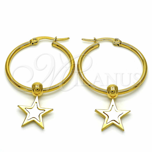 Stainless Steel Hoop Earrings — Medium Hoop Star Design White Enamel 02. — main product view — SKU 129014 | Acero Inoxidable aretes de aro — Medium Hoop estrella diseño blanco Enamel 02. — SKU 129014