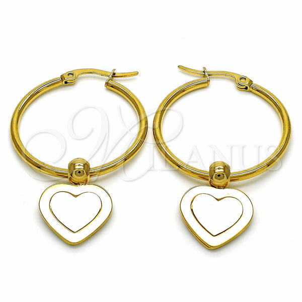 Stainless Steel Hoop Earrings — Medium Hoop Heart Design White Enamel 02. — main product view — SKU 129016 | Acero Inoxidable aretes de aro — Medium Hoop corazón diseño blanco Enamel 02. — SKU 129016