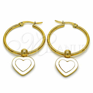 Stainless Steel Hoop Earrings — Medium Hoop Heart Design White Enamel 02. — main product view — SKU 129016 | Acero Inoxidable aretes de aro — Medium Hoop corazón diseño blanco Enamel 02. — SKU 129016