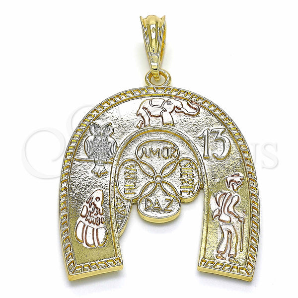 Gold Filled Pendant — Religious Pendant Elephant and Owl Design Polished Tricolor — main product view — SKU 129021 | Oro Laminado dije — Religious Pendant Elephant and Owl diseño pulido Tricolor — SKU 129021