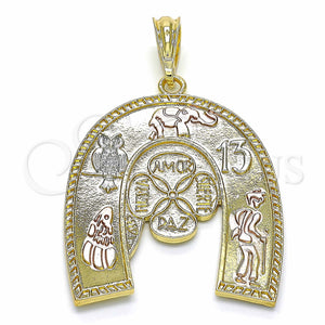Gold Filled Pendant — Religious Pendant Elephant and Owl Design Polished Tricolor — main product view — SKU 129021 | Oro Laminado dije — Religious Pendant Elephant and Owl diseño pulido Tricolor — SKU 129021