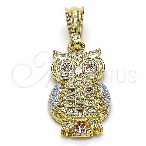 Oro Laminado Fancy Pendant, Gold Filled Style Owl Design, Polished, Tricolor, 05.351.0037