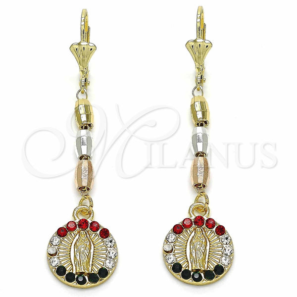 Oro Laminado Long Earring, Gold Filled Style Guadalupe Design, with Multicolor Crystal, Polished, Tricolor, 02.351.0027