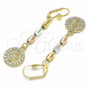 Oro Laminado Long Earring, Gold Filled Style Guadalupe Design, with White Crystal, Polished, Tricolor, 02.351.0027.1