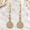 Oro Laminado Long Earring, Gold Filled Style Guadalupe Design, with White Crystal, Polished, Tricolor, 02.351.0027.1