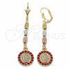 Oro Laminado Long Earring, Gold Filled Style Guadalupe Design, with Garnet Crystal, Diamond Cutting Finish, Tricolor, 02.351.0028