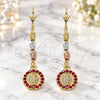 Oro Laminado Long Earring, Gold Filled Style Guadalupe Design, with Garnet Crystal, Diamond Cutting Finish, Tricolor, 02.351.0028