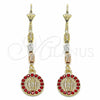 Oro Laminado Long Earring, Gold Filled Style Guadalupe Design, with Garnet Crystal, Diamond Cutting Finish, Tricolor, 02.351.0028