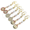 Oro Laminado Long Earring, Gold Filled Style Guadalupe Design, with Garnet Crystal, Diamond Cutting Finish, Tricolor, 02.351.0028