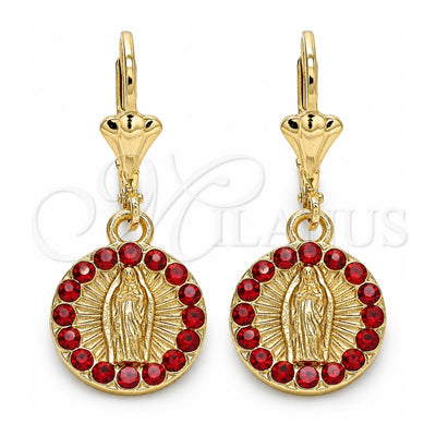 Oro Laminado Dangle Earring, Gold Filled Style Guadalupe Design, with Garnet Crystal, Polished, Golden Finish, 02.351.0029