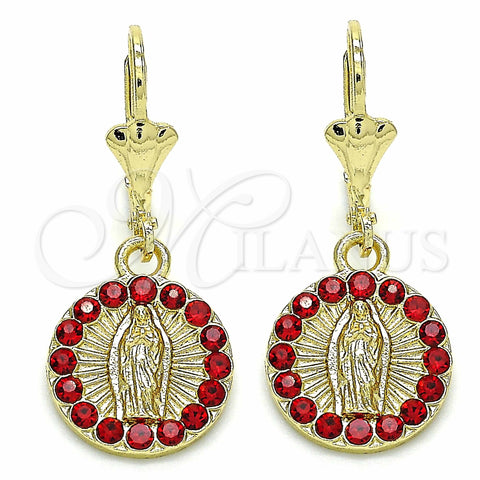 Oro Laminado Dangle Earring, Gold Filled Style Guadalupe Design, with Garnet Crystal, Polished, Golden Finish, 02.351.0029