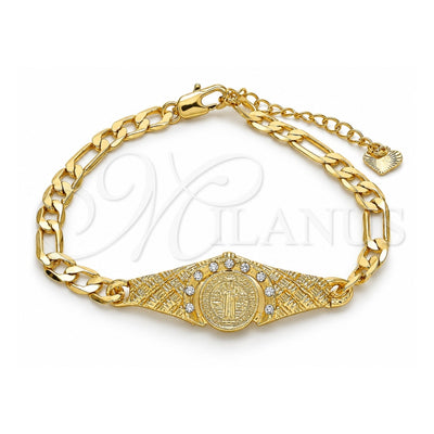 Oro Laminado Fancy Bracelet, Gold Filled Style San Benito Design, with White Crystal, Diamond Cutting Finish, Golden Finish, 03.351.0048.07 (06 MM Thickness, 7 Inches Length)
