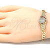 Oro Laminado Fancy Bracelet, Gold Filled Style San Benito Design, with Garnet Crystal, Diamond Cutting Finish, Golden Finish, 03.351.0048.1.07 (06 MM Thickness, 7 Inches Length)