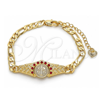 Oro Laminado Fancy Bracelet, Gold Filled Style San Benito Design, with Garnet Crystal, Diamond Cutting Finish, Golden Finish, 03.351.0048.1.07 (06 MM Thickness, 7 Inches Length)